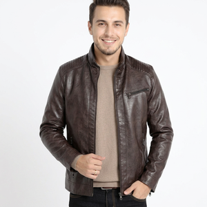 Wholesale Men's Genuine Leather Biker Jacket <b>Fur</b> <b>Trim</b> Stand Collar Solid Pattern Zipper Front Streetwear Style Sherpa Lining - Product Image 6