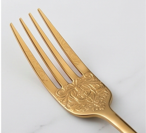 Elegant <b>Gold</b> Flatware Set With <b>Black</b> Damask Design Rust Resistant Metal <b>Cutlery</b> For Wedding Table Settings - Product Image 2