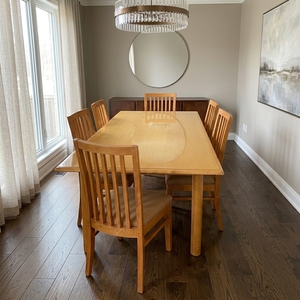 Solid Teak Wood <b>Dining</b> Table <b>Set</b> <b>6</b> Slat Back <b>Chairs</b> Rectangular Modern Minimalist Kitchen Furniture Cushioned Seating Suite - Product Image 5
