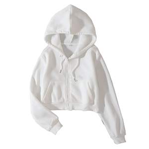 Sudadera con capucha corta de forro polar para mujer con cremallera completa, manga larga, cordón ajustable, hombros caídos, transpirable - Product Image 2
