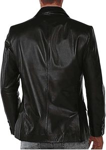 Men's Black Genuine Leather <b>Jacket</b> Slim Fit Single Breasted Turn-down Collar <b>Smart</b> Casual Style Regular Sleeve - Product Image 5