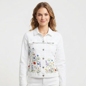 Chaqueta vaquera blanca para mujer con bordado de rosas, de algodón lavado, estilo casual urbano, venta al por mayor, logotipo personalizado, OEM, ODM - Product Image 1