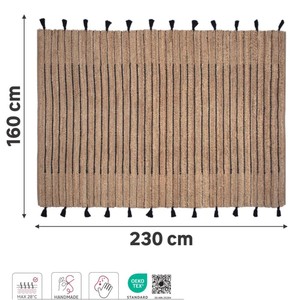Handcrafted Jute Area Rug Striped Pattern Black Tassels Bohemian Style Flat Weave Rectangle Living Room Decor - Product Image 2