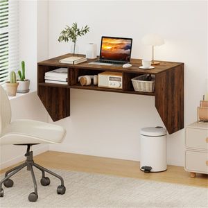 Rustic Brown Floating Wall-Mounted <b>Computer</b> Desk with 3 Cube Storage Sturdy Wooden <b>Workstation</b> for Home Office - Product Image 2