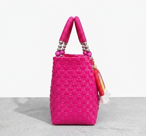 Handmade Hot Pink Woven Plastic <b>Straw</b> Tote <b>Bag</b> Stylish Summer Beach Handbag Women Beaded Handles Rainbow Charms Cute <b>Shopper</b> <b>Bag</b> - Product Image 2