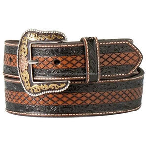 Western Basket Weave Embossed Full Grain Handmade Western Leather Tooling <b>Belt</b> for Men and <b>Women</b> with designer brass buckle - Product Image 1