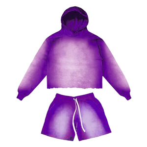 100% Cotton Hoodies & Shorts Set Summer Outerwear with Sun Faded <b>Spray</b> Washed Hoodies Quick Dry Custom Logo-Comfortable Stylish - Product Image 2