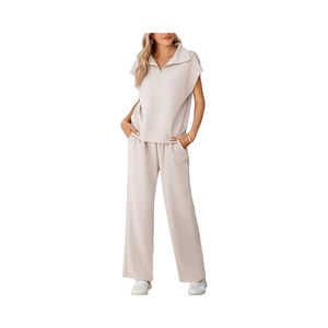 Ensembles de survêtements d'été pour femmes, antibactériens, légers, hauts sans manches à demi-zip, pantalons à jambes larges, motif uni - Product Image 1