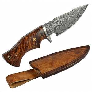 Couteau utilitaire d'extérieur personnalisé fait main en acier Damas à lame fixe avec manche en bois de burl et étui en cuir - Product Image 1