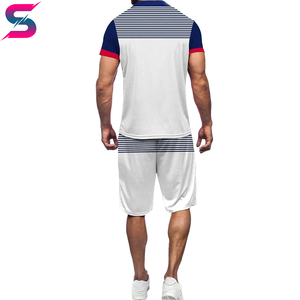 Conjunto de Camiseta Polo y Pantalones Cortos Casuales de Verano para Hombre, Diseño a Rayas con Bloques de Color, Tejido Transpirable, Detalles en Blanco, Azul y Rojo - Product Image 2