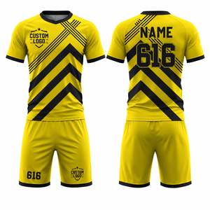 Conjunto de Camiseta de Fútbol Personalizada, 100% Poliéster, Secado Rápido, Unisex, Amarillo y Negro, Cuello en V, Manga Corta, Cintura Elástica, 220g, Nombre del Jugador Impreso - Product Image 1