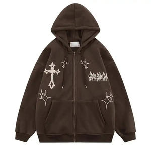 Sudadera con Capucha Gótica para Hombre, Negra, con Estampado de Cruz y Estrella, de Algodón Tejido, Estilo Urbano Otoñal - Product Image 2