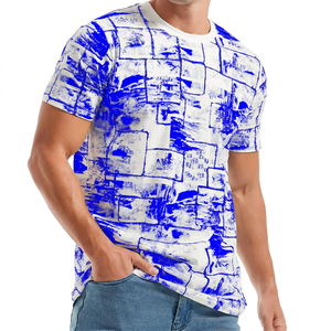 Men's Short Sleeve Printed T-<b>Shirt</b> With <b>Patchwork</b> Pattern O-Neck Casual Knitted Regular Fit Blue White - Product Image 4