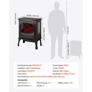 Caminetto Elettrico Autoportante da 25,5 Pollici, 1500W 5120BTU, Portatile in Vetro, Protezione da Surriscaldamento, Regolabile - Product Image 4