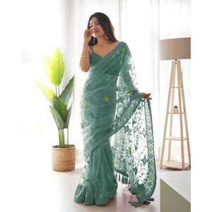 Sari en soie de créateur pour mariages, broderie multicolore au fil et au zari - Product Image 6
