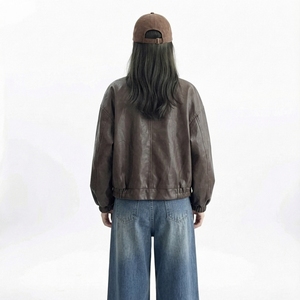 Chaqueta Bomber de Cuero Sintético para Mujer, Cuello Alto, Manga Abullonada, Color Sólido, Corta, Estilo Otoñal - Product Image 4