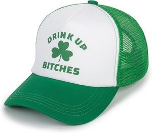 Gorra Trucker Verde y Blanca con Malla, Ajustable, Unisex, Casual, para Primavera/Verano, con Diseño de Trébol y la Frase 'Drink Up Bitches', de 6 Paneles - Product Image 1
