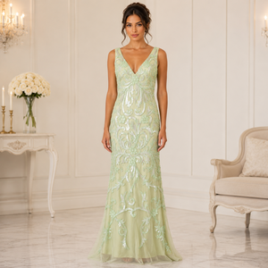 Luxury <b>Mint</b> Green Embroidered Mermaid Evening Gown Women | Premium Beaded V Neck Party <b>Dress</b> Elegant Formal Breathable Custom - Product Image 2