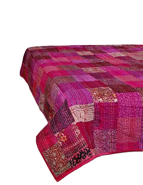 Zijde Patola Blauw Patchwork Handwerk Kantha Gooien Quilts King Size Home Decor Slaapkamer Boho Decor Handgemaakte Indiaanse Bedrukte Quilts
