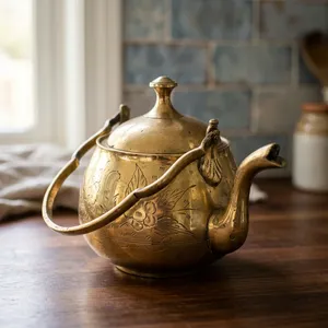 <b>Vintage</b> Brass Tea Pot With Lid And Handle Floral Engraved Design Water Pots <b>Kettle</b> Metal Decorative Kitchenware - Product Image 2