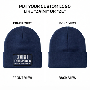 <b>Men</b> Beanie <b>Cap</b> Premium 300 GSM Acrylic Rib Knit Warm Stretch Cuffed Hat Custom Woven Logo Patch <b>Winter</b> Navy Urban Fit - Product Image 1
