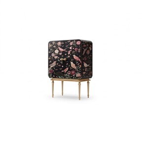 Eclectic Design Premium Quality Floral Bird Pattern Design Veneer <b>Cabinet</b> with Gold Finish Legs 2-Door <b>Storage</b> for Living Room - Product Image 1