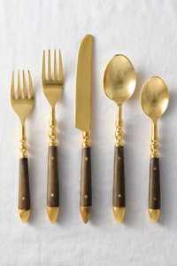 Ensemble de couverts en laiton avec manches en bois, couleur or, cuillères, fourchettes, couteaux de luxe, 4 pièces, ensembles de couverts uniques, réutilisables et de qualité alimentaire - Product Image 3