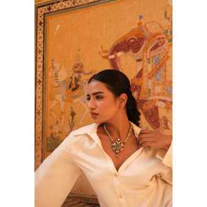 Indian Ethnic 925 <b>Sterling</b> <b>Silver</b> Antique Kundan <b>Choker</b> <b>Necklace</b> Set With Green Stone And Golden Pearls Bridal Wear - Product Image 3