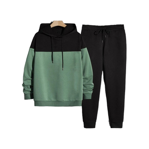 Conjunto de Sudadera con Capucha Unisex con Bloques de Color, Negro y Verde, Manga Larga, Chándal Informal para Adultos, Ropa de Otoño, Ajuste Holgado con Cordón - Product Image 1