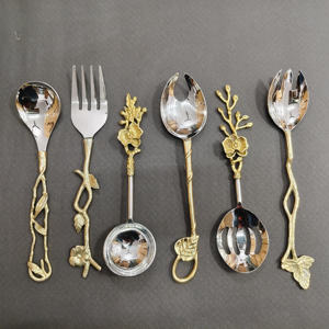 6-Piece Luxury Gold Floral Handle Serving Set Stainless Steel Decorative Branch <b>Dessert</b> Spoons and Appetizer <b>Forks</b> for Events - Product Image 2
