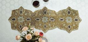 Glam Embroidered <b>Table</b> <b>Runner</b> with Floral Design Handmade Fabric Irregular Shape Decorative Mat for Dining <b>Table</b> - Product Image 2