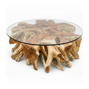 Organic Solid Teak Root <b>Coffee</b> <b>Table</b> with Round Glass Top <b>Rustic</b> Modern Design Live Edge Natural Wood Luxury Furniture - Product Image 3