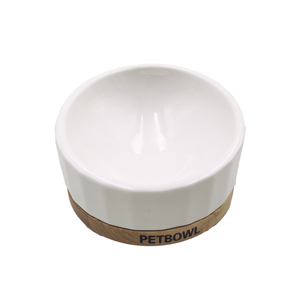 Bol en céramique blanche pour animaux de compagnie avec base en bambou, plat de nourriture et d'eau pour chien et chat, utilisation domestique moderne - Product Image 1