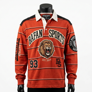 เสื้อรักบี้ชาย 250 GSM ผ้าฝ้ายผสมโพลีเอสเตอร์ เสื้อรักบี้สีแดงลายทางที่ไหล่ แต่งโลโก้ด้วยผ้าทวิลล์ เสื้อรักบี้ชาย - Product Image 3