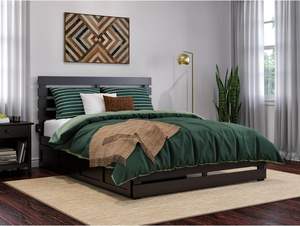 Nordic Haven Espresso Cama de madera con estribo y 2 cajones Panel de diseño tradicional Estilo de madera - Product Image 3