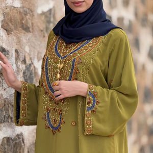 批发豪华两件套穆斯林女式朴素简约纯色雪纺串珠长袍及地A字形派对婚礼装饰长袍 - Product Image 1