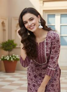 Conjunto de Kurta y Pantalón Recto de Algodón Morado Estampado, Cuello Redondo, Largo hasta la Pantorrilla, Traje Étnico de Uso Diario para Mujer, Tallas M, L, XL, XXL - Product Image 3