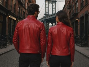 Unisex Red Cafe <b>Racer</b> Leather <b>Jacket</b> Slim Fit Stand Collar Biker Coat - Product Image 5