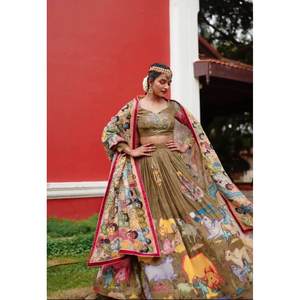 DISEÑADOR CREPE KALAMKARI IMPRESIÓN TRABAJO LEHENGA CHOLI CON DUPATTA MEHNDI Gharara - Product Image 1