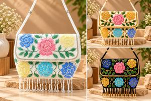 Sac à main perlé pour femme avec franges et pompon, pochette de soirée d'été brodée de perles, sac de soirée à franges - Product Image 4