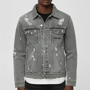 <b>Men's</b> Light Grey Distressed Denim Trucker <b>Jacket</b> Button Closure <b>Long</b> Sleeve Regular Fit Ripped Casual Jean <b>Jacket</b> Streetwear Out - Product Image 2