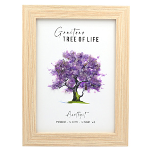 Cadre mural en bois Arbre de Vie avec pierres d'améthyste violette, œuvre d'art en cristal faite à la main par l'usine de gemmes de Jaipur - Product Image 1