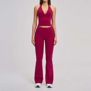 Conjunto de Yoga Sólido y Transpirable de Microfibra con Corte Ligeramente Acampanado, Estilo Europeo Americano, para Deportes, Running y Fitness, con Top Halter de Escote en V Profundo y Pantalón Largo - Product Image 5