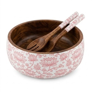 ชุดชามสลัดไม้พร้อมช้อนเสิร์ฟ 2 ชิ้น ชามเสิร์ฟทรงกลมขนาดใหญ่ 12 นิ้ว สีส้มลายเชฟรอนเคลือบเงา สำหรับใส่ผลไม้และผัก - Product Image 3