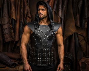 Leather Armor Medieval Knight <b>Costume</b> Viking Warrior LARP <b>cosplay</b> <b>costume</b> Pirate Vest Hood <b>Men</b> Leather Chest Bringandine Armor - Product Image 3