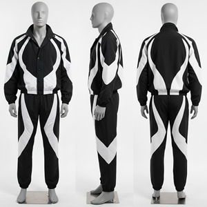 Ensemble de survêtement d'hiver pour homme noir et blanc à motifs géométriques, manches longues, col montant, respirant, séchage rapide, pantalon de jogging sportif avec poches latérales - Product Image 1