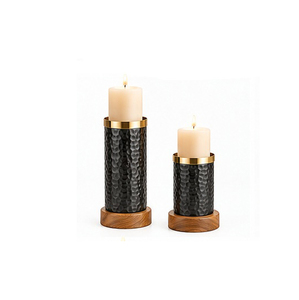 <b>Black</b> Hammered Metal <b>Candlestick</b> <b>Holder</b> Set with Gold Trim and Wood Base for Home Decoration - Product Image 1