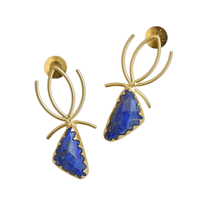 Boucles d'oreilles pendantes en laiton plaqué or faites à la main avec pierre semi-précieuse Lapis Lazuli, bijoux artisanaux légers, vente en gros - Product Image 3