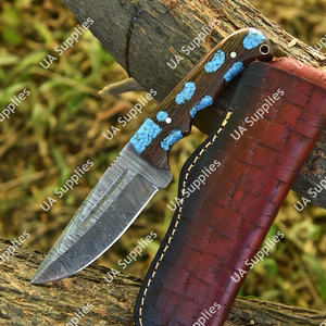 มีดเหล็กดามัสกัสคุณภาพสูง ใบมีดแบบดรอปพอยต์ ด้ามจับไมคาร์ต้า G10 เกรดอุตสาหกรรม สำหรับงานตัดหนัง ตั้งแคมป์ ล่าสัตว์ และกิจกรรมกลางแจ้ง รับผลิตแบบ OEM - Product Image 4