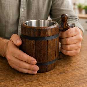 Wooden Luxury Beer <b>Mug</b> Vintage Style Barrel Design with Handle Reusable Eco-Friendly <b>Handmade</b> for Home & Hotel Use - Product Image 3